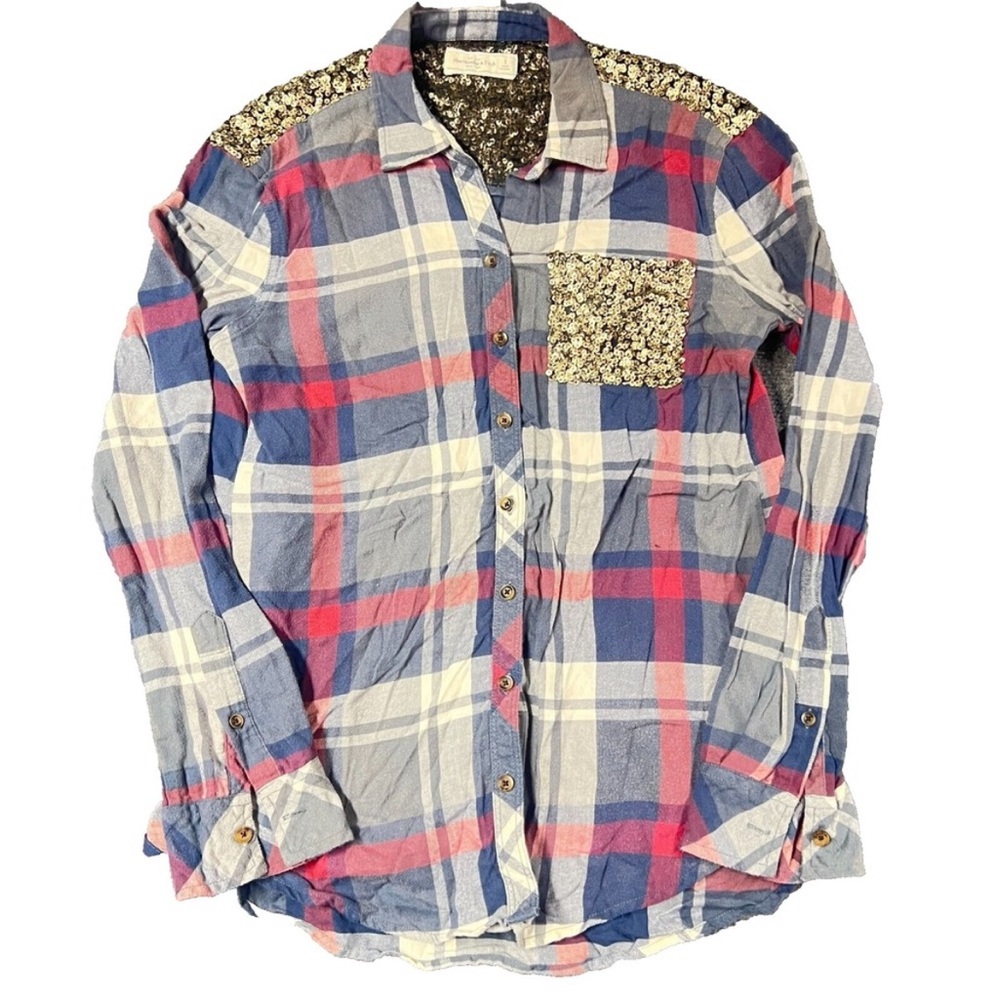 Vintage Abercrombie & Fitch Shirt Womens Small Blue Red Plaid Button Up Sequins